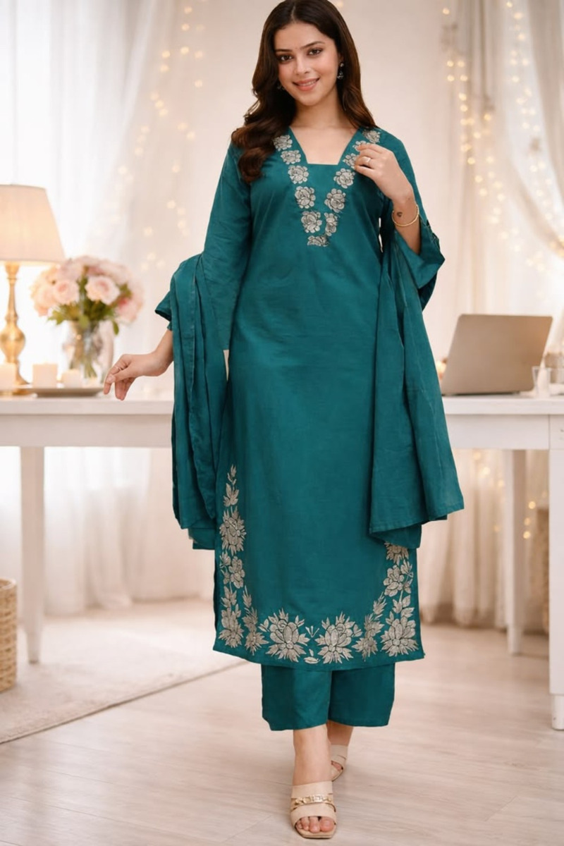 Teal Embroidered Straight Kurti