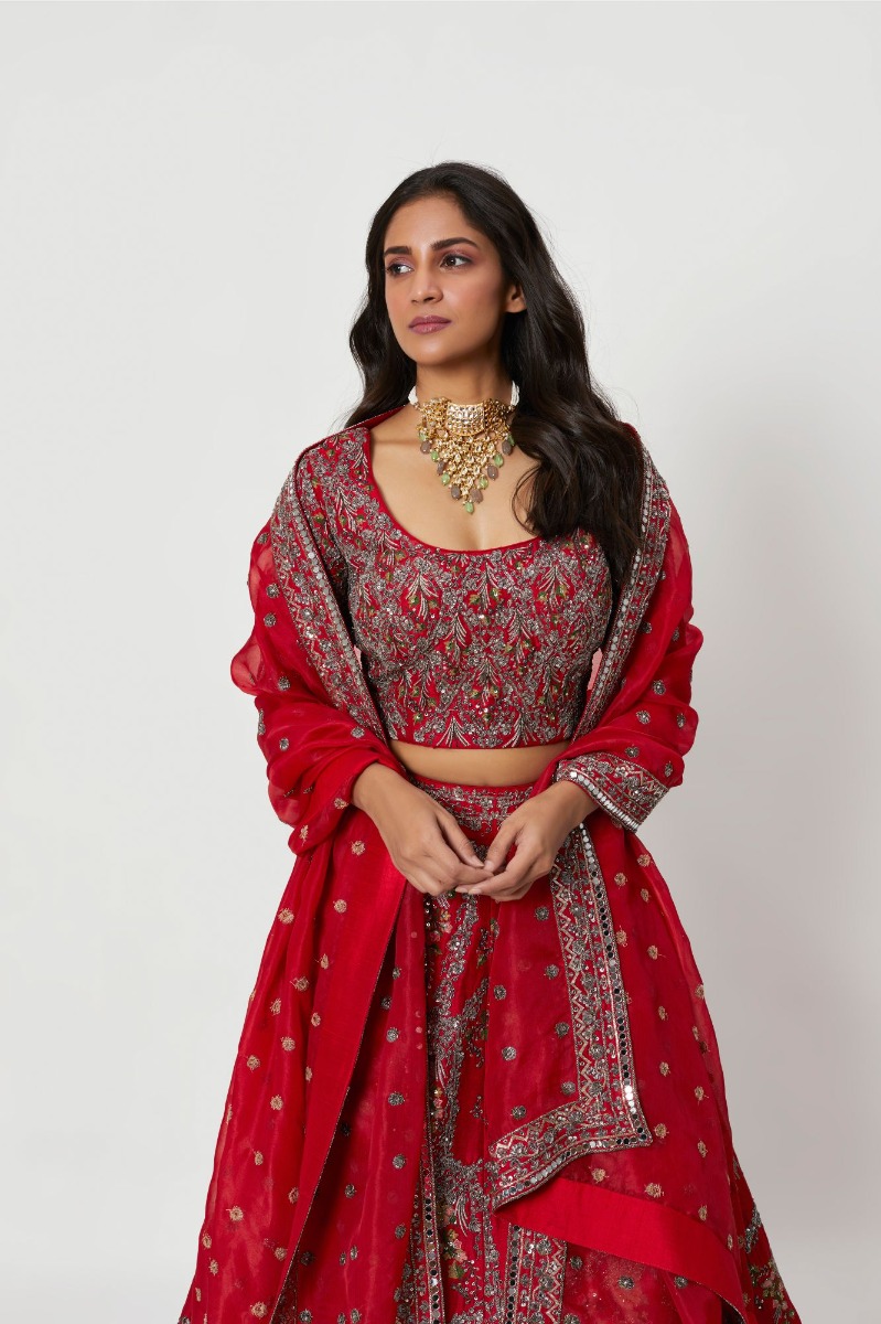 Red Embroidered Lehenga With Embellished Blouse And Dupatta