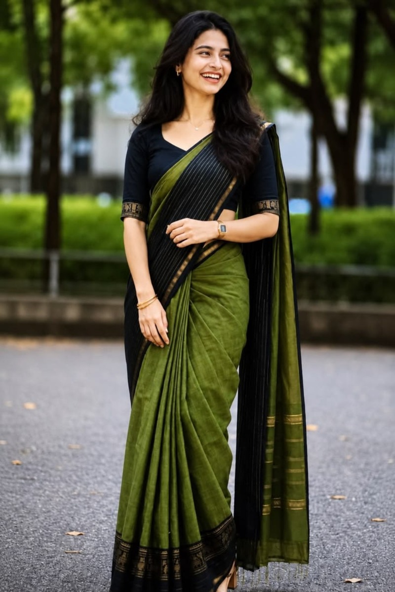 green and black cotton saree