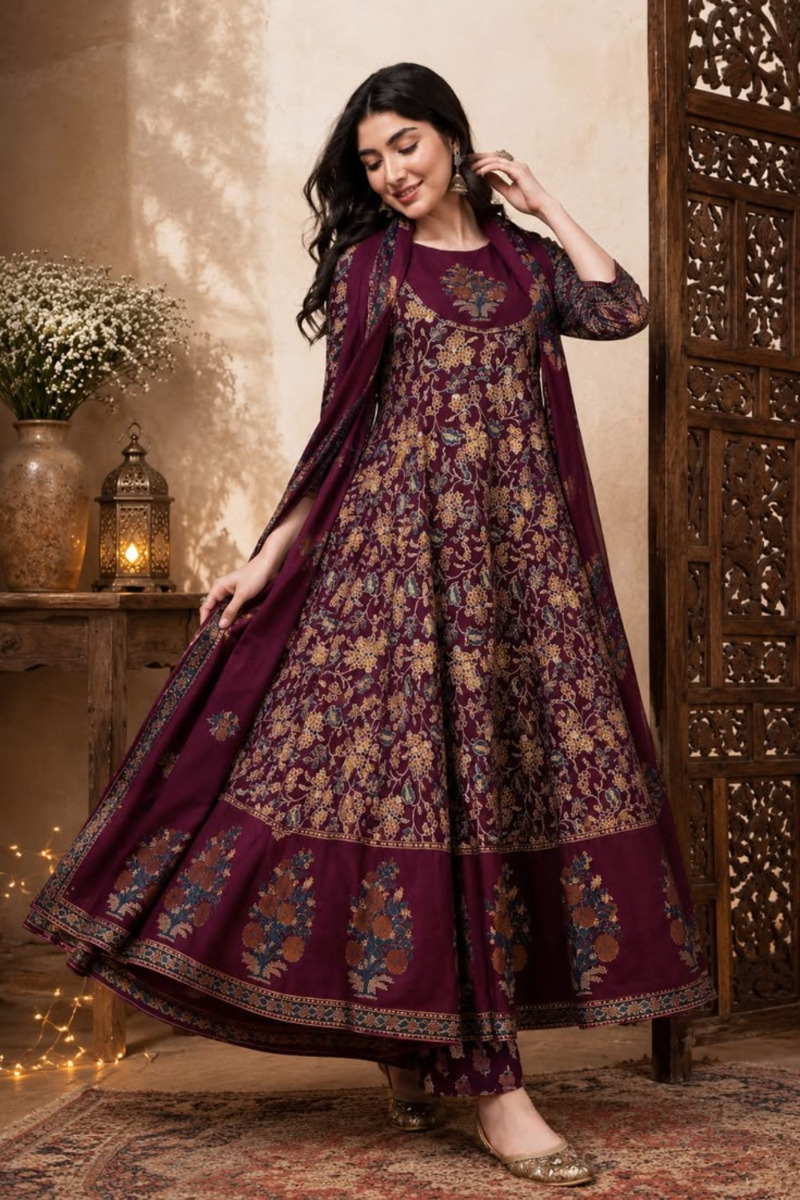 Wine Floral Anarkali Dress