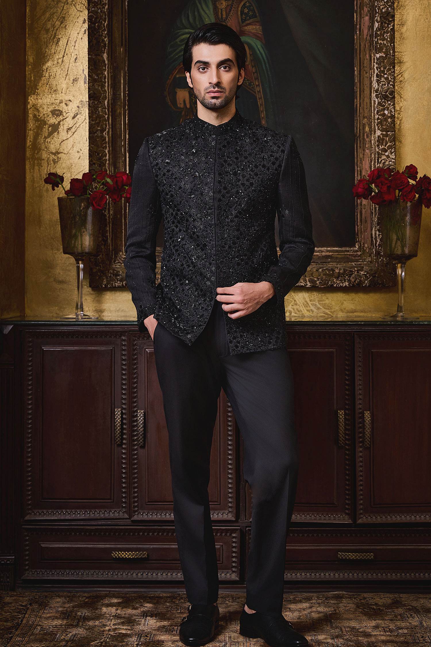Black Embroidered Bandhgala Suit