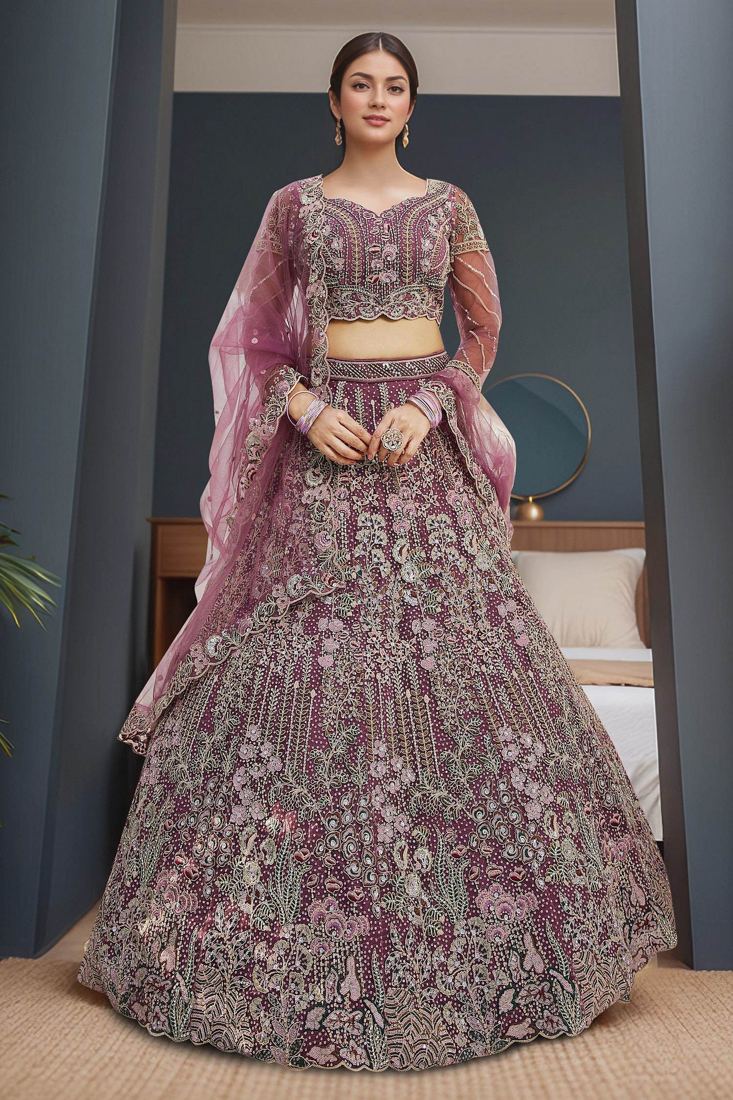 Maroon Bridal Lehenga with Zari Embroidery