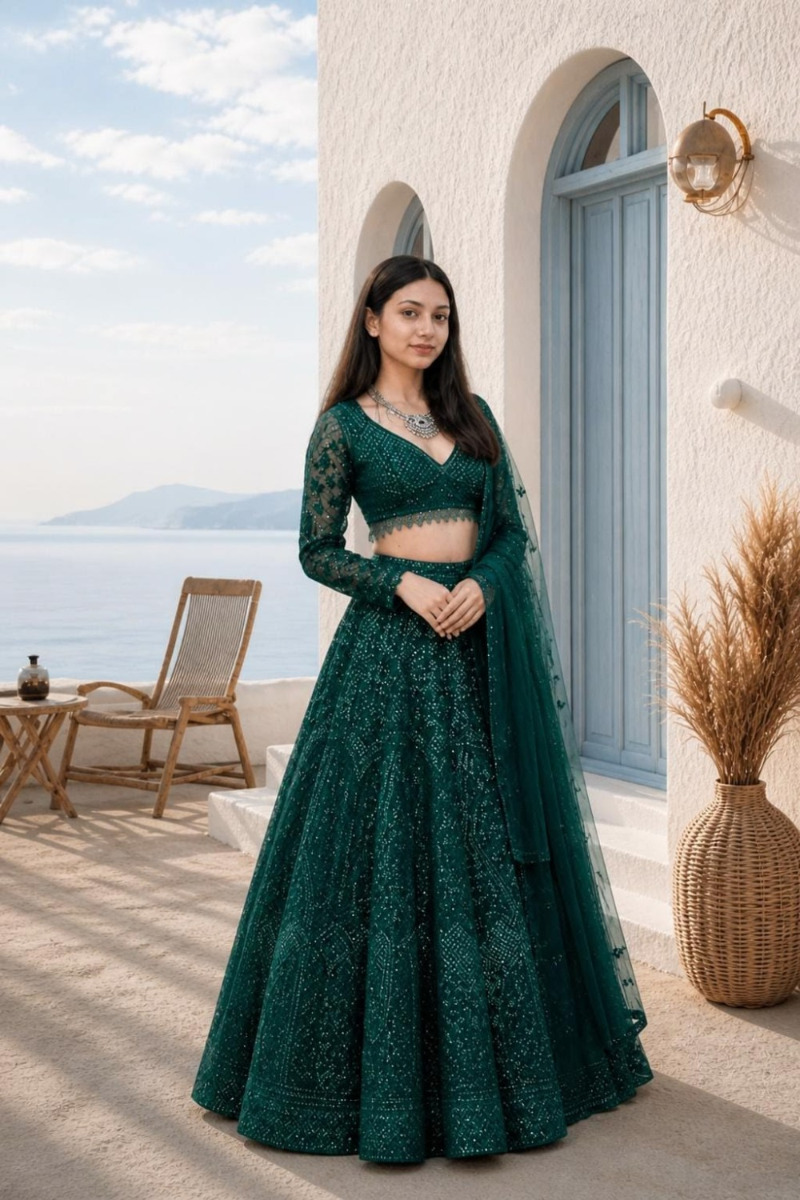 Emerald Green Sequin Lehenga Set