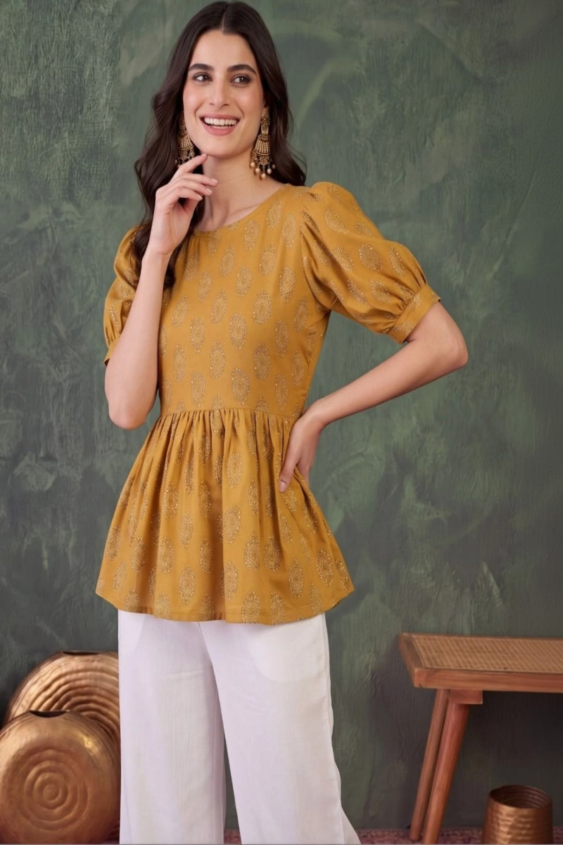 Mustard Puff Sleeve Cotton Top