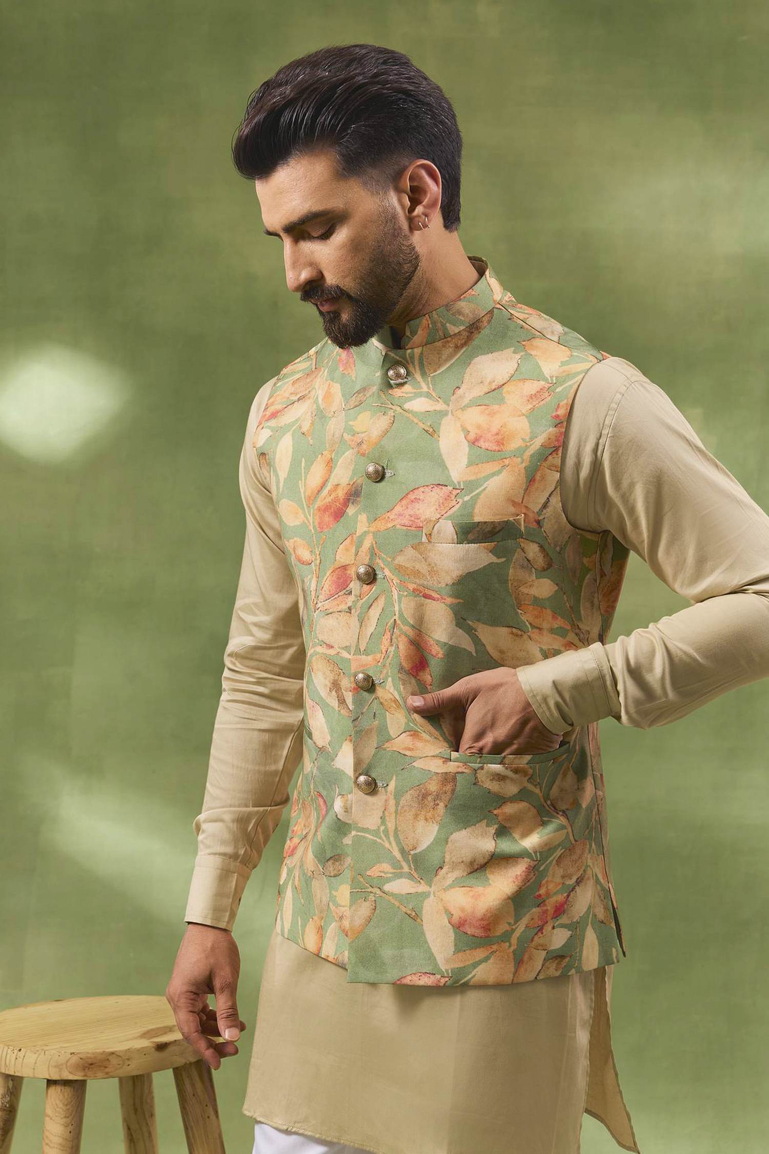 Cream Brocade Nehru Jacket