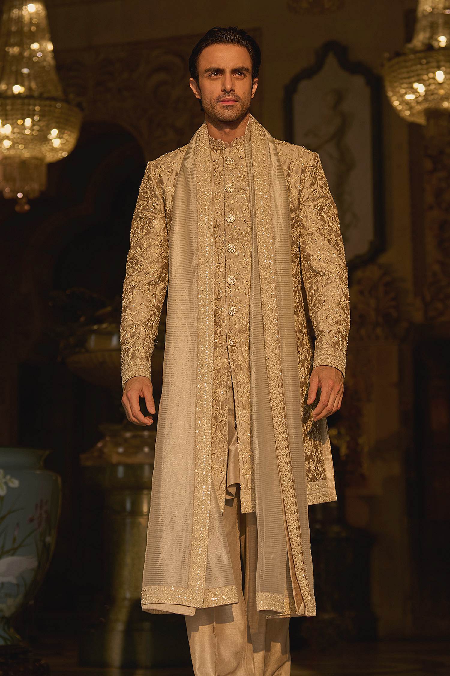 Peacock Blue Velvet Wedding Sherwani